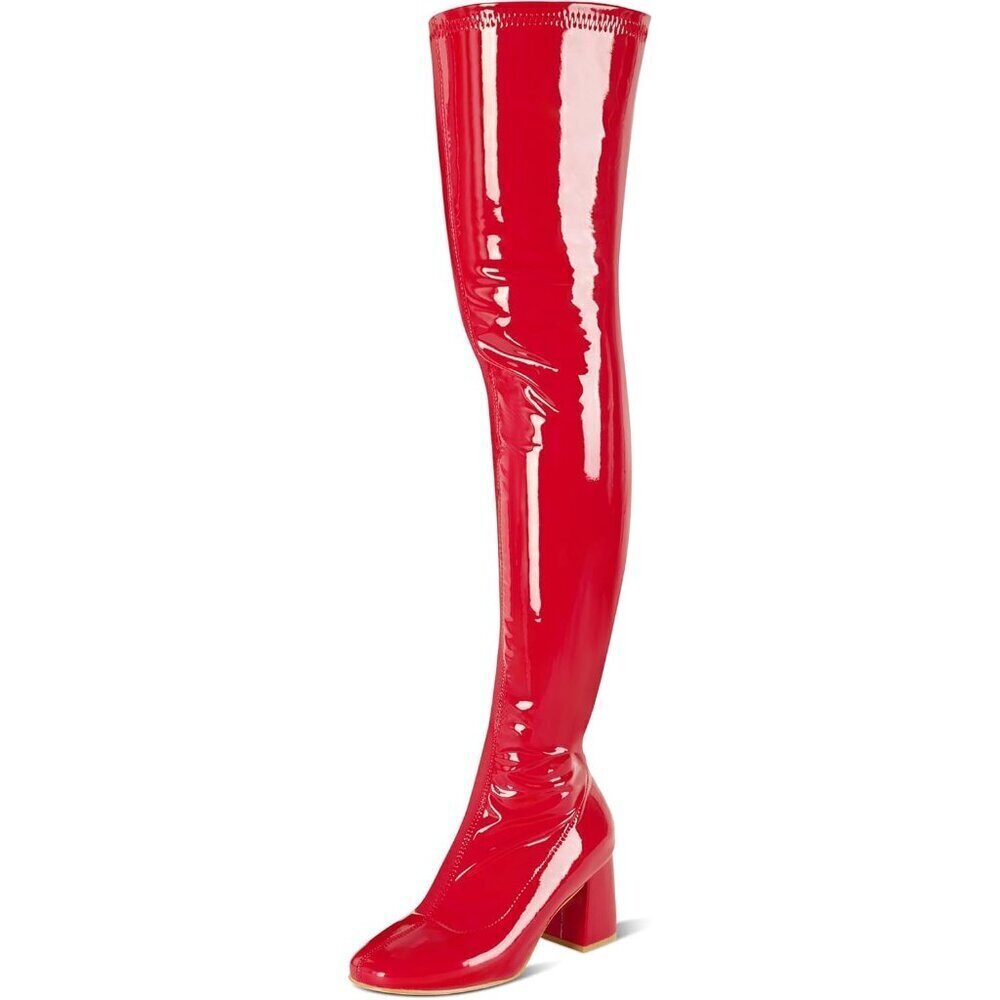Women Red Patent Leather PU Chunky Heel Over The Knee Square Toe Long Boot